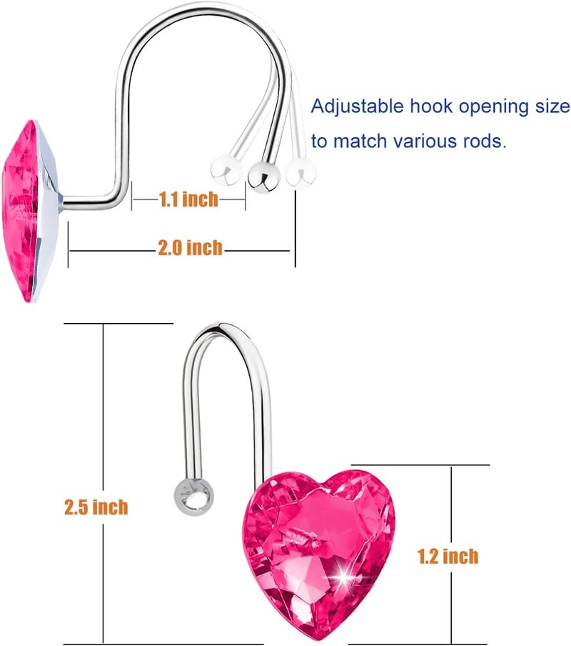 Yapicoco Shower Curtain Hooks Rings for Bathroom, 12PCS Heart Stainless Steel Rust Resistant Decorative Rhinestones Shower Curtain Rings Hangers for Shower Curtains (Single Hook Hot Pink) - Image 2